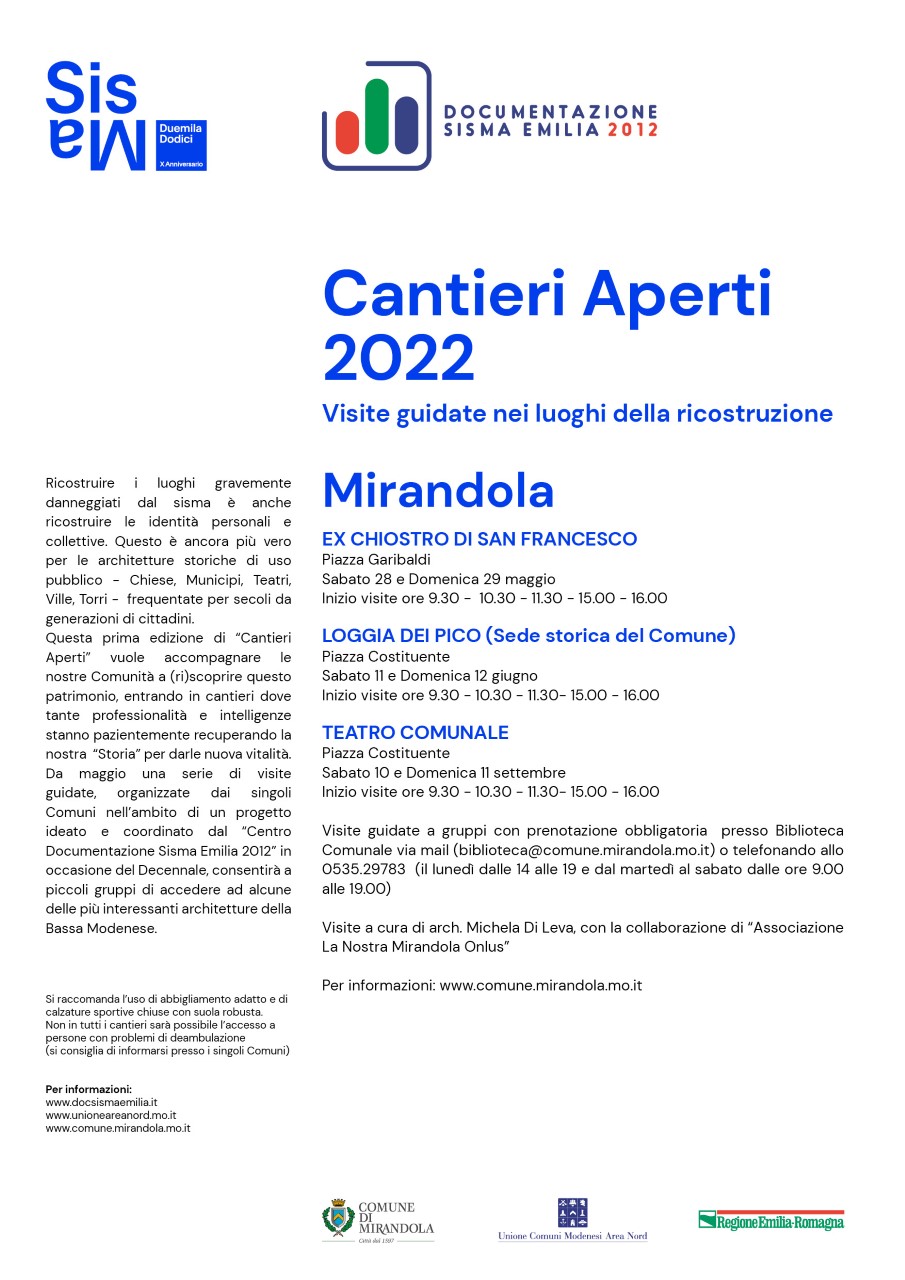  Mirandola / ‘Cantieri aperti 2022’ per visitare tre location identitarie della città