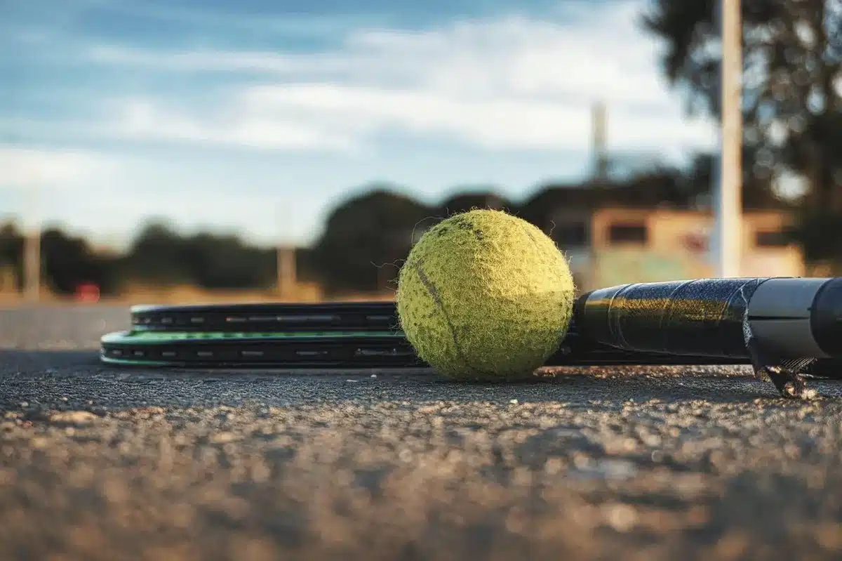Due racchette da tennis incrociate su una panchina vicino a un campo, pubblico sfocato sullo sfondo